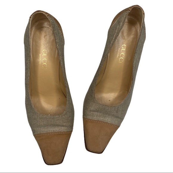 Gucci Vintage Authentic Neutral Blocky Suede Trim Square Toe Block Heels 39 - Picture 3 of 15